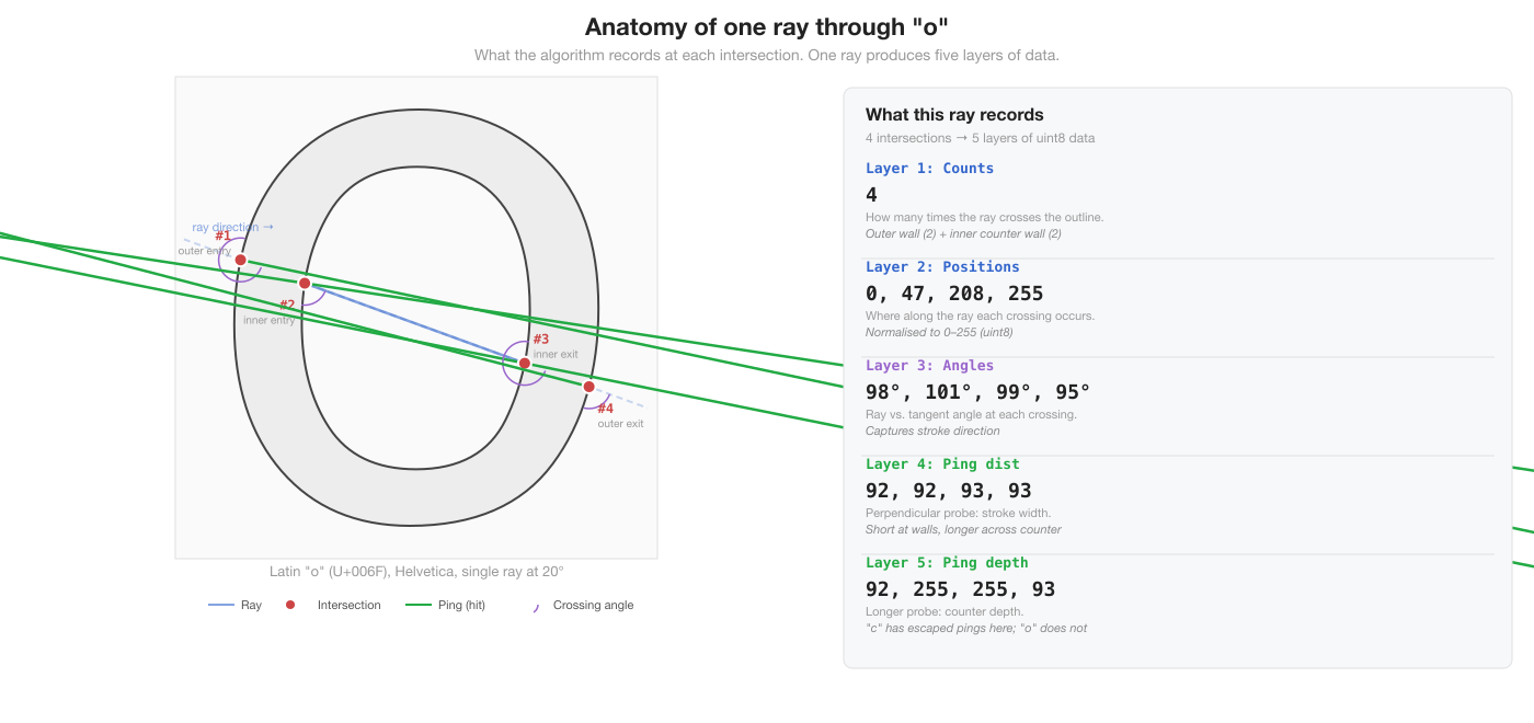 A single ray at 20 degrees through the letter "o" in Helvetica, annotated with all five layers of data. Four intersection points are numbered: outer entry, inner entry, inner exit, outer exit. Green ping arrows show perpendicular probes at each hit. A data panel on the right shows the recorded values: count = 4, positions = 0, 47, 208, 255, crossing angles near 98 degrees, ping distances of 92 (consistent stroke width), and ping depths of 92 at outer hits but 255 at inner hits (the counter is wide).